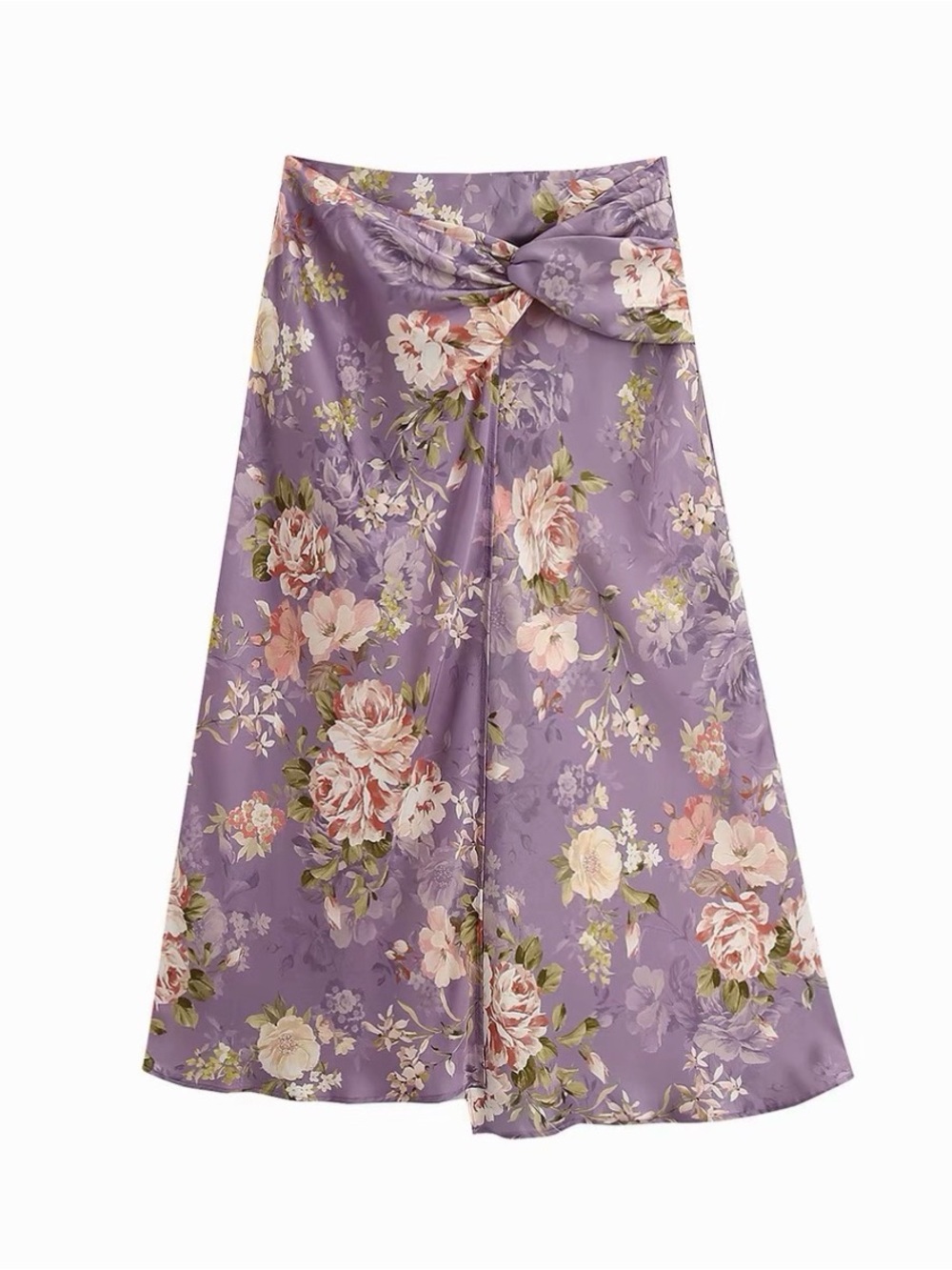 Zara Lavender Floral Maxi Skirt with Front Knot Detail